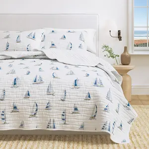 Coastal Quilt Set - 3-Piece Full/Queen Size Nautical Bedding Set - Lightweight, All-Season, Reversible Bedspread (Blue Watercolor Sailboats)