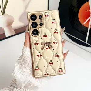 Three dimensional ripple bow cherry suitable for Samsung Galaxy S26 S25 S24 S23Ultra/S25 S24 S23Plus women's romantic style leather shock resistant Durable protective case, fashionable and versatile small fragrance protective case