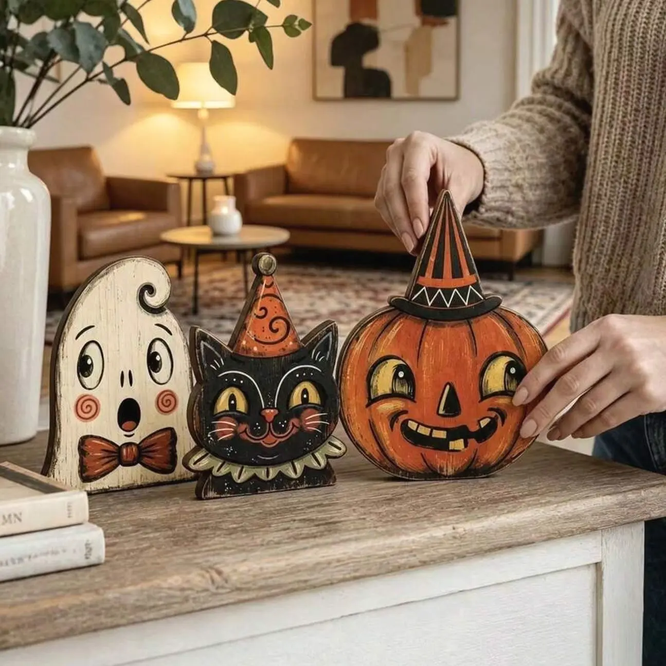 Vintage Halloween Tiered Tray Decor, Wooden Ghost Cat Pumpkin Ornaments for Spooky Farmhouse Tabletop & Fireplace Autumn Holiday Decoration