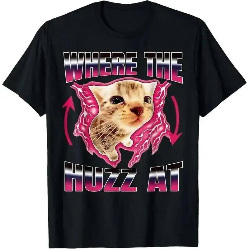 Men's 'Where The Huzz At' Funny Cat Graphic T-Shirt, a Casual Retro Round Neck Top Made from Soft 100% Cotton, Funny Sarcastic Humor Shirts, Fitness, Shortsleeve, Menswear, Tshirt, Simple, Graphic Print, Comic Art