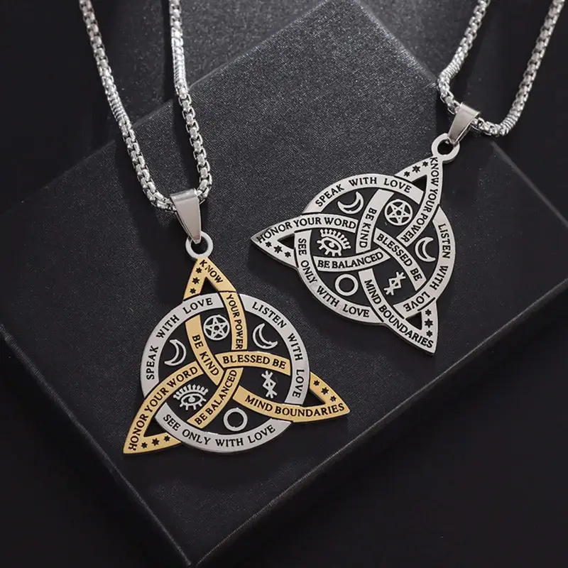 Men's Retro Stainless Steel Triangle Knot Necklace - Unisex Box Chain, Scandinavian Rune-Engraved Pendant, Symbol of Protection and Love, Spiritual Amulet, Casual Punk Custom Metal Jewelry, Runes, Engraved Runes