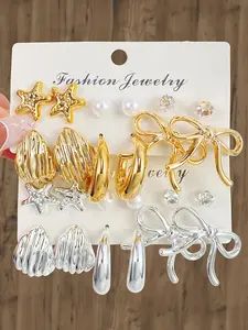 Ocean-Style Metal Ear Studs Set, Starfish Shell Bowknot Earrings for Women, Oceanic Theme Earrings, Resin Fashion Jewelry Gift for Parties & Vacations