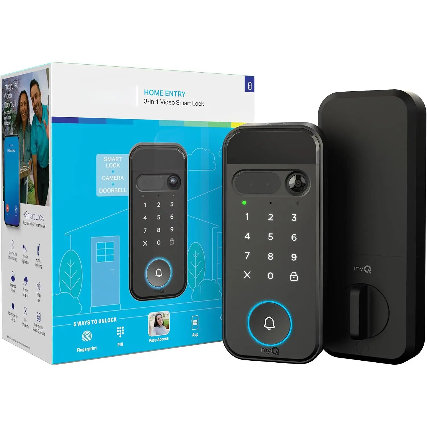 MyQ 3-in-1 Smart Door Lock with 2K HDR Video Doorbell Camera, Face Access, Fingerprint Access, PIN, App Control, 2-Way Audio, Color Night Vision - Intelligent Entry Solution with Built-in Camera