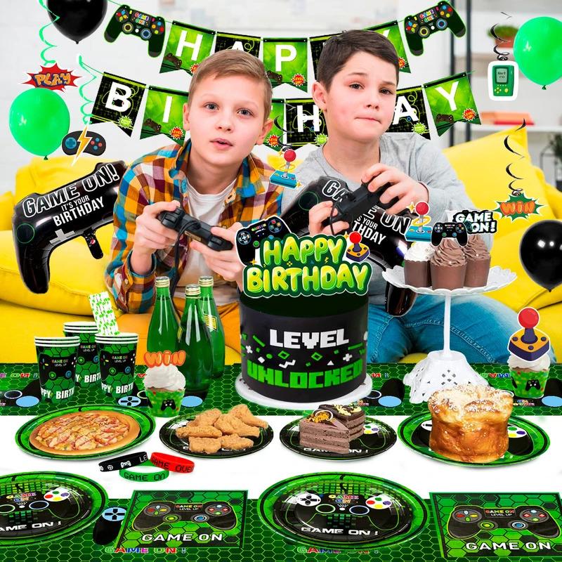Video Game Birthday Party Decorations for Boys,132pcs Birthday Decorations&Tableware Set-Plates Cups Napkins Tablecloth Balloons