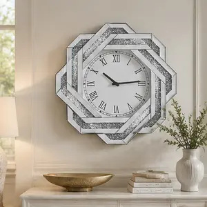 20 Inch Large Silver Mirrored Wall Clock with Roman Numerals Crushed Diamond Beveled Glass Frame Elegant Art Deco Design for Living Room Bedroom Dining Room Home Decor, Silver Color Options, MDF+glass Material, American Design Style