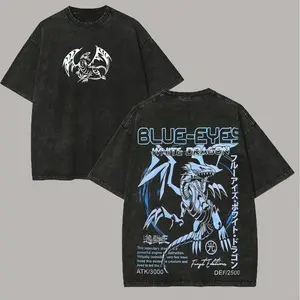 Retro Snow Washed Yu-Gi-Oh! Blue-Eyes White Dragon Manga Graphic Oversized T-Shirt, Premium Heavyweight Cotton Casual Streetwear Short Sleeve Tee, Y2K Aesthetic Soft Breathable Unisex Apparel, Trendy Daily Wear For Card Game Anime Enthusiasts