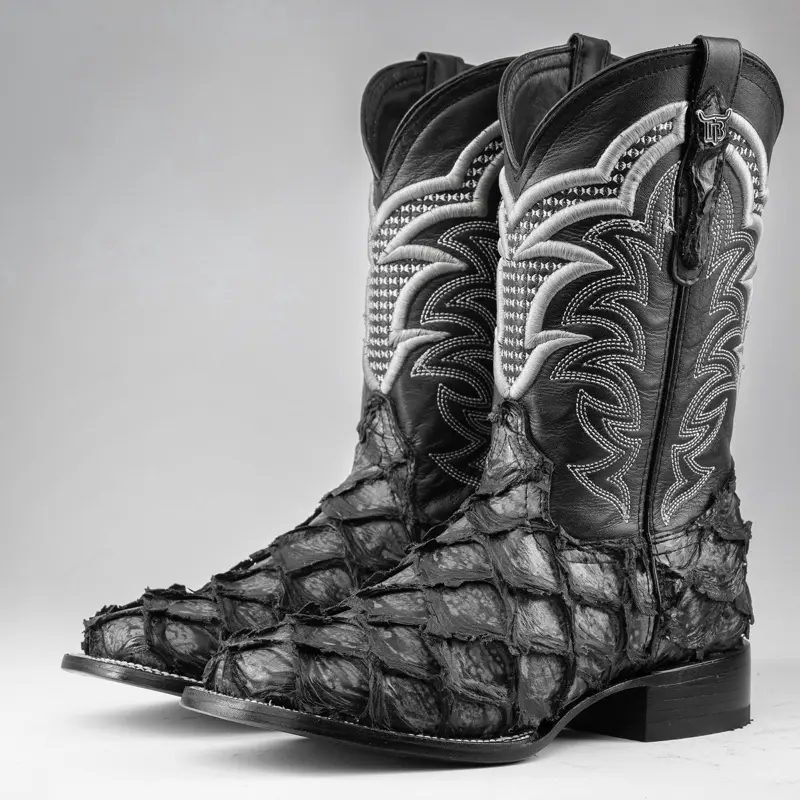 Grey Jumbo Pirarucu Print Leather Boots - Square Toe
