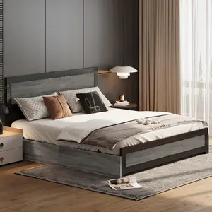 【GARVEE】Modern King Size Bed with Riveted Headboard & Footboard - Stylish Industrial Platform Bed with 4 Storage Drawers & Durable Metal Slats - Easy Assembly, No Box Spring Required, Washed Grey