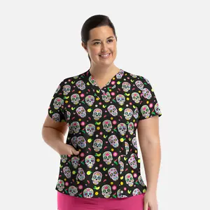 Maevn Uniforms Happy Sugar Skulls Printed Scrub Top; Women's Medical Uniforms Scrub Top; Halloween Scrubs