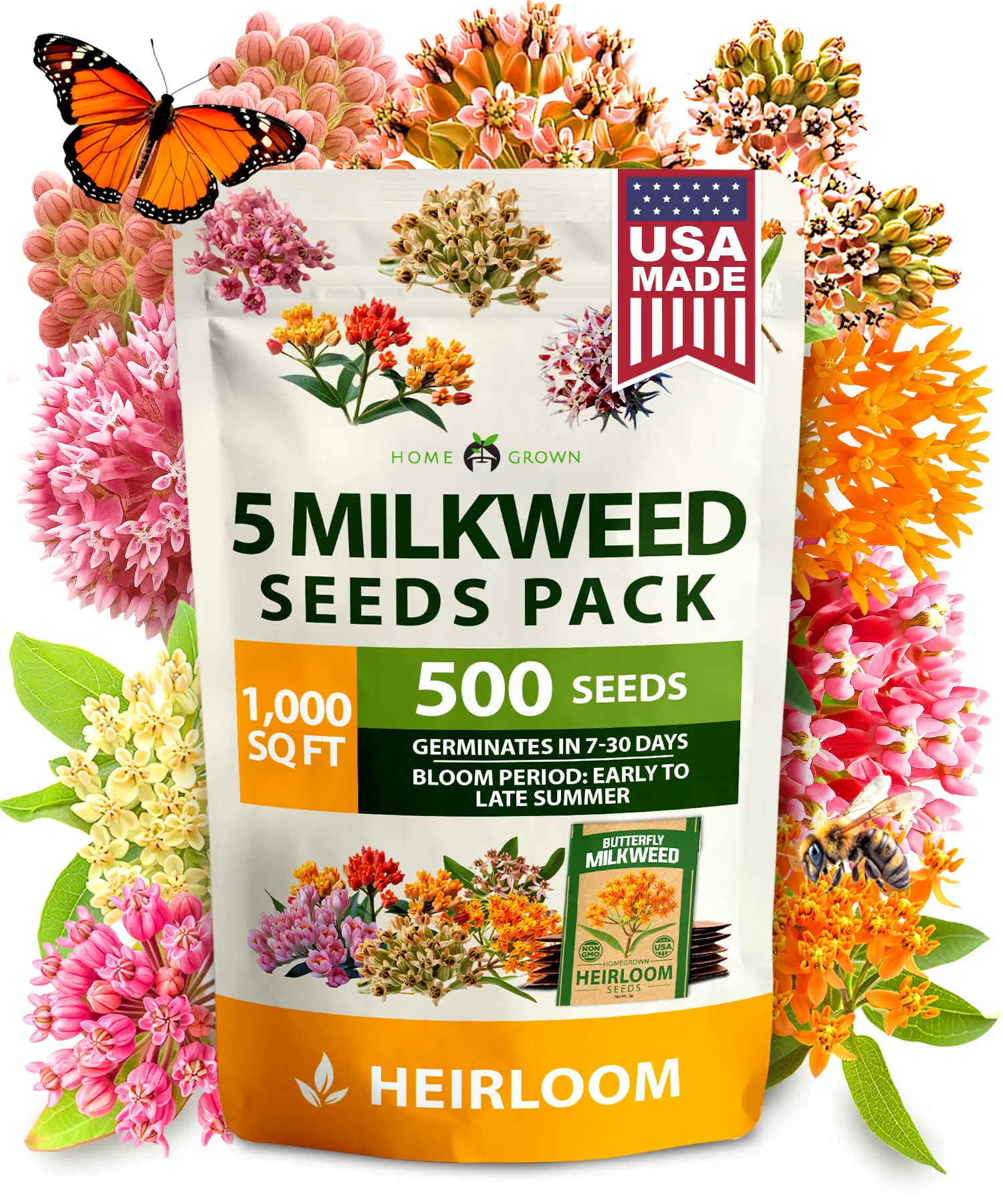 HOME GROWN Milkweed Flower Seeds - 500+ Heirloom Perennial Wildflower Seeds (5 Individual Varieties) Supports Monarch Habitat, Grows in Zones 3–10 (As