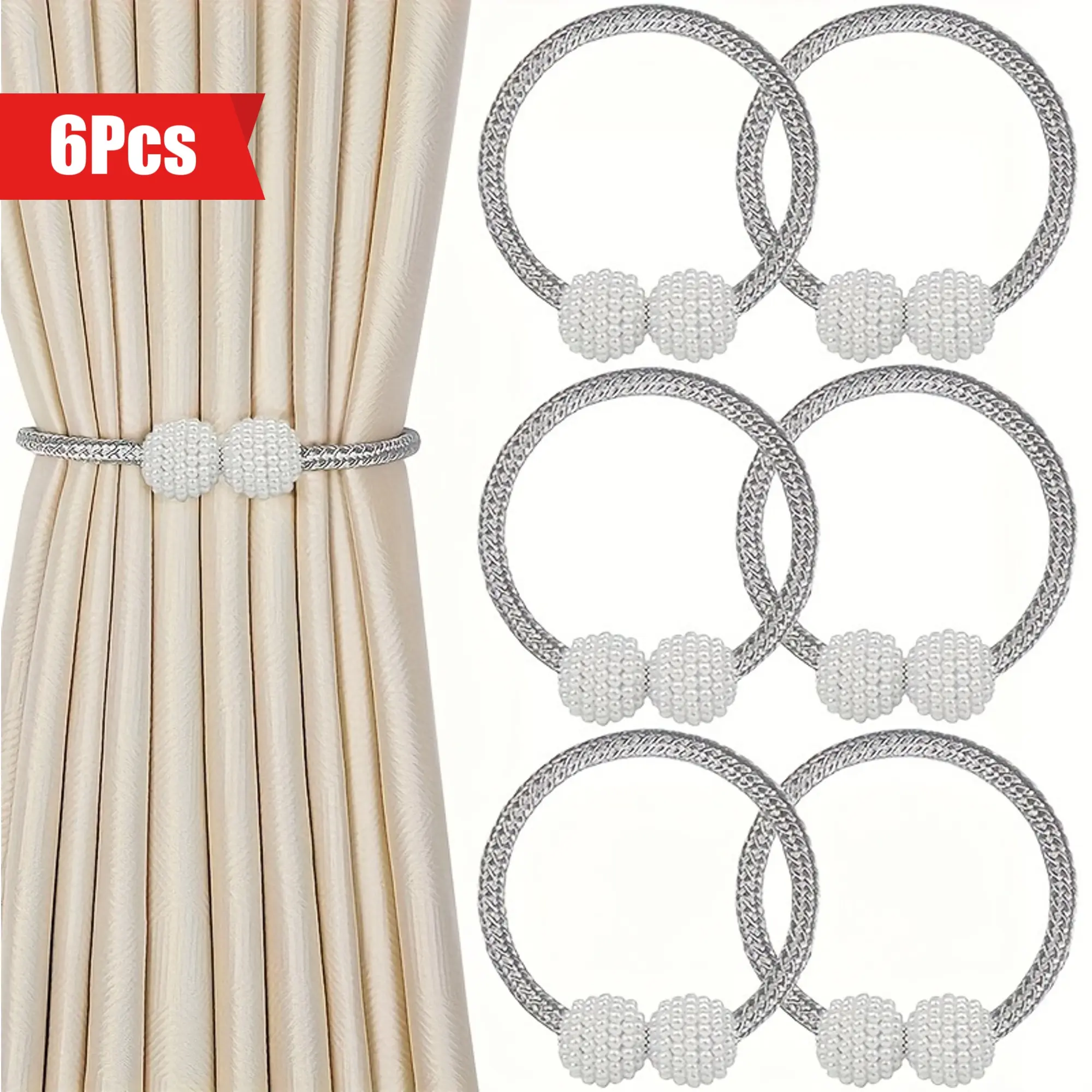 6pcs Vintage Style Pearl Curtain Tiebacks, Snap Curtain Cord Closure Strap Plastic Woven Design, Firm Snap Design, No Drilling Required, Easy Installation, Stylish Bedroom, Living Room And Home Decor Curtain Clasps - Space Saver