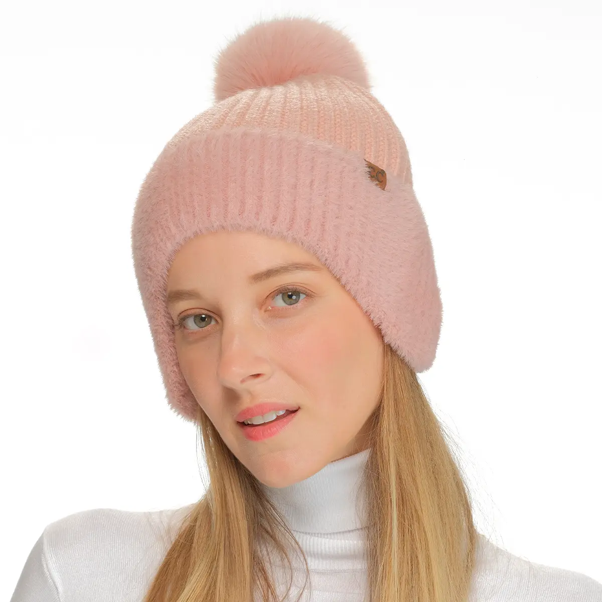C.C Fur Earflap Pom Beanie for Women - Pink Beanie with Cozy Fur Earflaps, Playful Pom, and Stylish Comfort for Cold-Weather Adventures