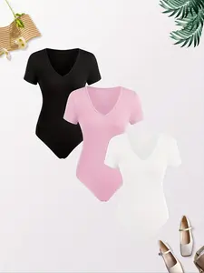 Women's Solid V Neck Short Sleeve Bodysuit, Casual Comfy Basic Womenswear Bodysuit for Fall & Winter, Ladies Clothes for Daily Wear
