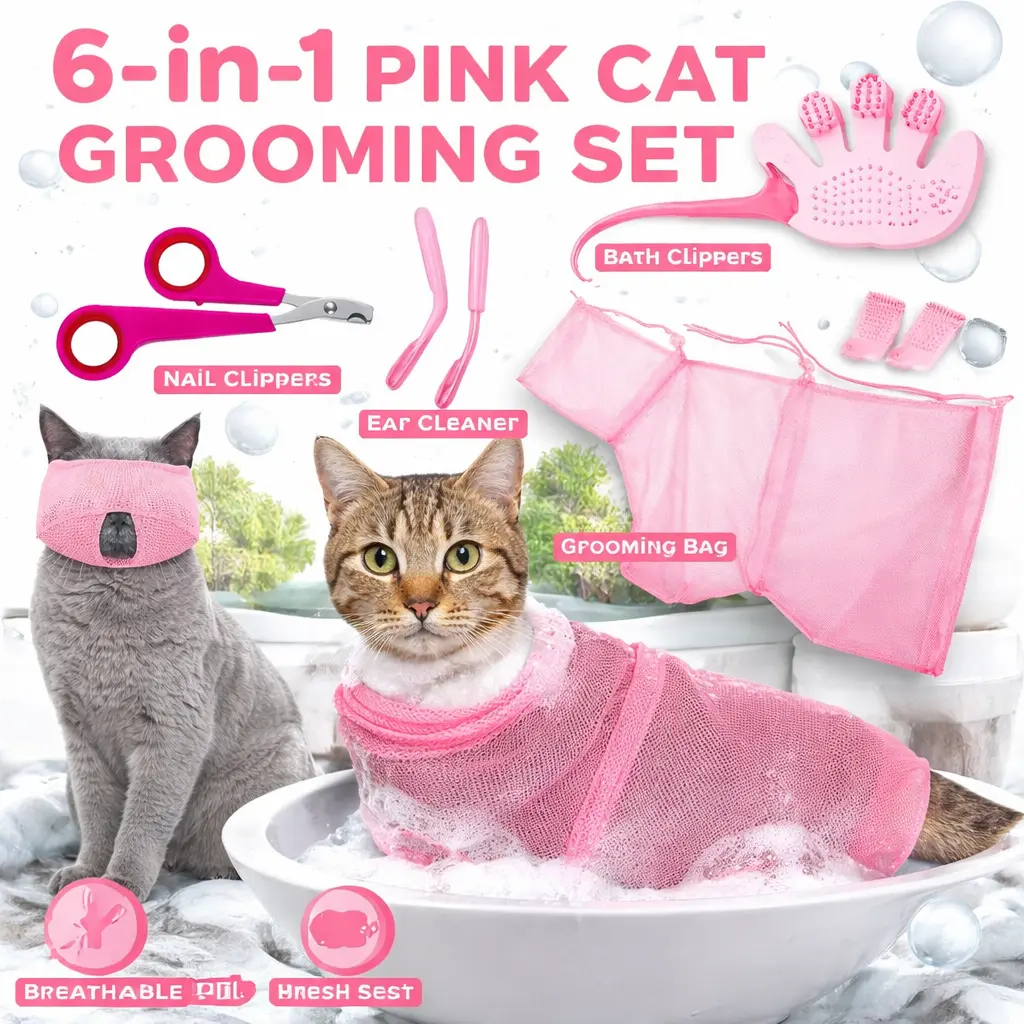 Cat 5-Piece Kitchen Utensils Grooming Kit - Adjustable Bathing Bag, Shower Net, Muzzle, Nail Clipper, Tick Remover, Massage Brush for Home Stress-Free Bathing, Nail Trimming