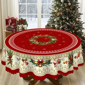 PLUMLIK Vintage Red Christmas Tablecloth with Santa Claus, Holly, Bell, Christmas Wreath Patterns, Christmas Decor 2025, Christmas Party Decoration for Indoor Outdoor, Round Rectangular Table Cloth, Holiday Home Kitchen Festive Decor, Christmas Gifts