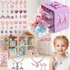 Girl's Jewelry Box Kids Birthday Christmas Gifts, Necklace Bracelet Clip on Earrings Adjustable Rings Set, Unicorn and Mermaid Pretend Play & Dress up Toys for Toddler Girls Ages 3 4 5 6 7 8-10