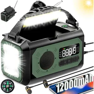44400mWh/12000mAh Emergency Radio, Hand Crank Portable Solar Radio AM/FM/Weather Radio with 2 Solar Panels,3 Charging Methods,SOS Alarm,Flashlight,Phone Charger,Compass,Reading Lamp