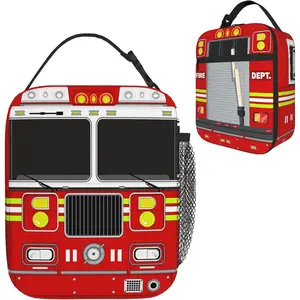 Kids Reusable Insulated Lunch Bag for Boys Girls, High Capacity Leakproof Thermal Cooler Sack with Pockets for School Picnic Travel Camping (Fire truck)