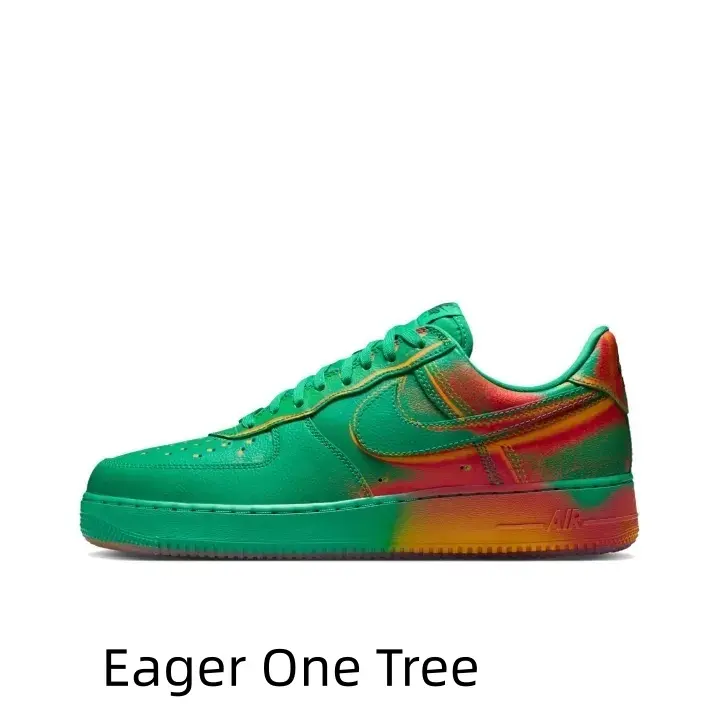 Unisex hip-hop low-top casual sports sneakers made of vibrant green leather with gradient red-orange fade detail, perforated breathable toe, shock-absorbing soft insole and wear-resistant gradient rubber outsole.