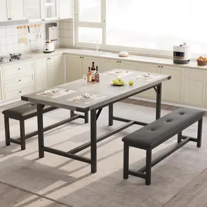 3 Piece Dining Table Set for 4-6, 63" Extendable Kitchen Table and Bench Set for 6, Metal Frame Rectangle Kitchen Table Set with 2 Upholstered Benches for Dining Room, Apartment, Retro Gray