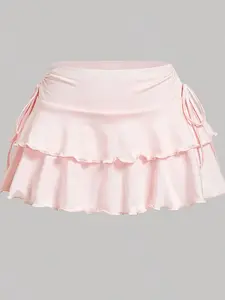 Spring Summer Fall Trendy Casual Elastic Skirt, Comfortable Mid-Thigh Design, Perfect for Daily Wear & Stylish
