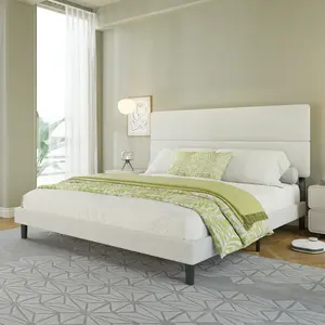 VanAcc Boucle Upholstered Bed Frame, Platform Bed with 47.3" High Adjustable Headboard & Strong Wooden Slats, No Box Spring Needed, Mattress Foundation, Easy Assembly