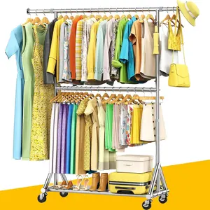 100% Stainless Steel Heavy Duty Clothes Rack Load 860 LBS, 2-Tier Rolling Garment Rack with Wheels, Adjustable Double Rod Clothing Rack for Hanging Clothes, Commercial Closet Rack for Coat Storage