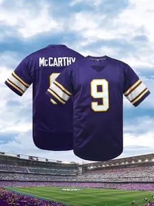 Men's American Football Jersey -Purple V-Neck Short Sleeve Top with Embroidered #9 Minnesota Rugby Jersey, Embroidery Jersey, Breathable Polyester Sports Shirt for Training, Casual,Party, Running & Outdoor Activities -Unisex Fit for All Seasons