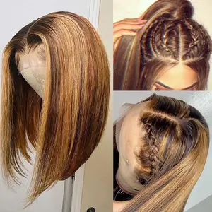 GK Bob Wig Human Hair 4/27 Highlight Ombre 13x4 Lace Front Wigs Honey Blonde Pre Plucked with Baby Hair 200 Density Short Bob Wigs for Women(12 Inch,4/27)