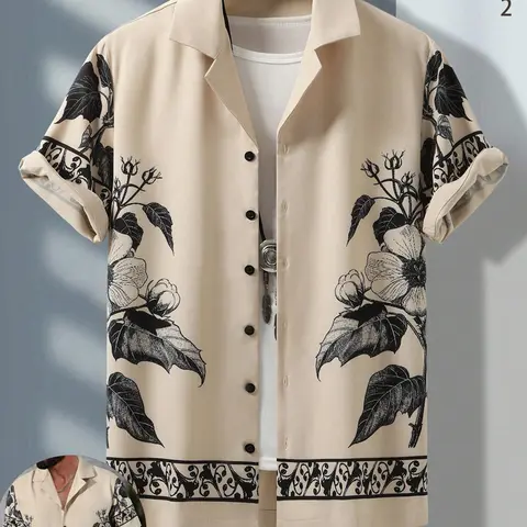 Men's Floral Print Short Sleeve Collared Shirt, Regular Fit Casual Tropical Style Button Up Front Design Top for Summer, Men's Clothes for Tropical Beach Vacation, Beachy Shirt, Menswear