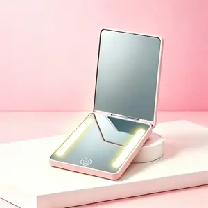 Foldable LED Makeup Mirror, Rechargeable 2x Magnification Travel Vanity Mirror, 3 Light Modes, Touch Brightness Control, Portable Gift