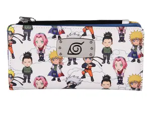 Naruto Shippuden Chibi Figures Snap Closure Faux Leather Wallet For Women w/ Metal Hidden Leaf Village Logo