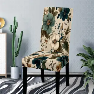 Vintage floral pattern polyester printed chair cover, with a beige base color paired with dark green and white large flowers, embellished with branch and leaf textures, suitable for home dining tables or leisure chairs, Dining chair slipcover