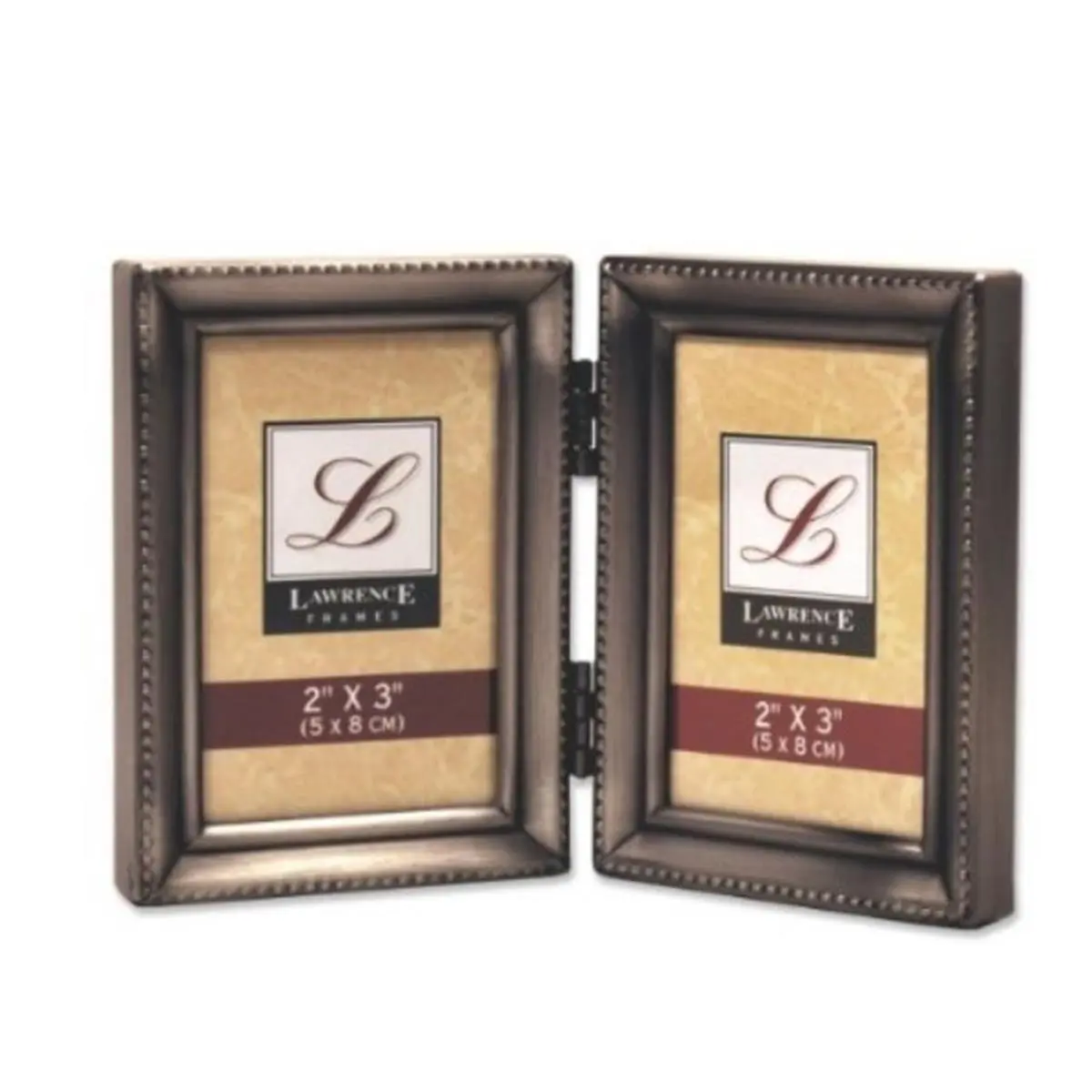 Lawrence Frames Antique Brushed Pewter Steel Double Hinge 2" x 3" Photo Frame - Traditional Beaded Edge, Ideal for Home Decor, Room Decor, Photo Display