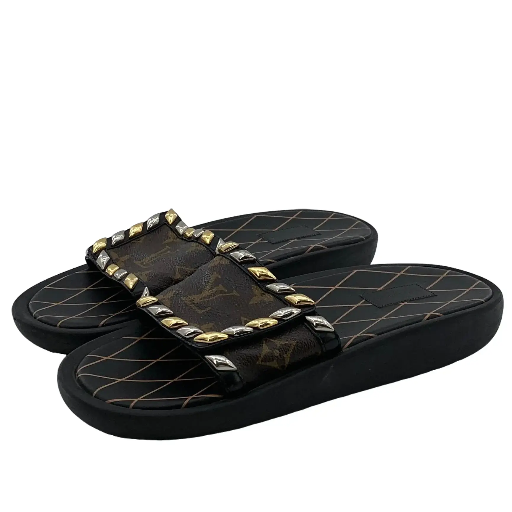 RDLT-Louis Vuitton Size 38 Black Monogram Rivet Flat Slide Sandals-J36223