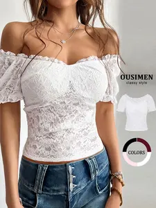 Women's Plain Floral Lace Sheer Blouse, Sexy Fashion Casual Off Shoulder Top for Daily Outdoor Wear, Women Clothing for Summer, Summer Tops