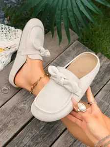 Spring Autumn Women's Suede Bow Tie Mules, Casual Flat Slip-On Loafers, Perfect for Daily Wear, Beach Vacation, All Seasons
