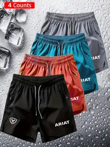 4-Pack Breathable Quick-Dry Shorts, Daily Commute Wear, Trendy Sporty Style, Ariat Letter Print, Loose Fit, Unisex, All Seasons