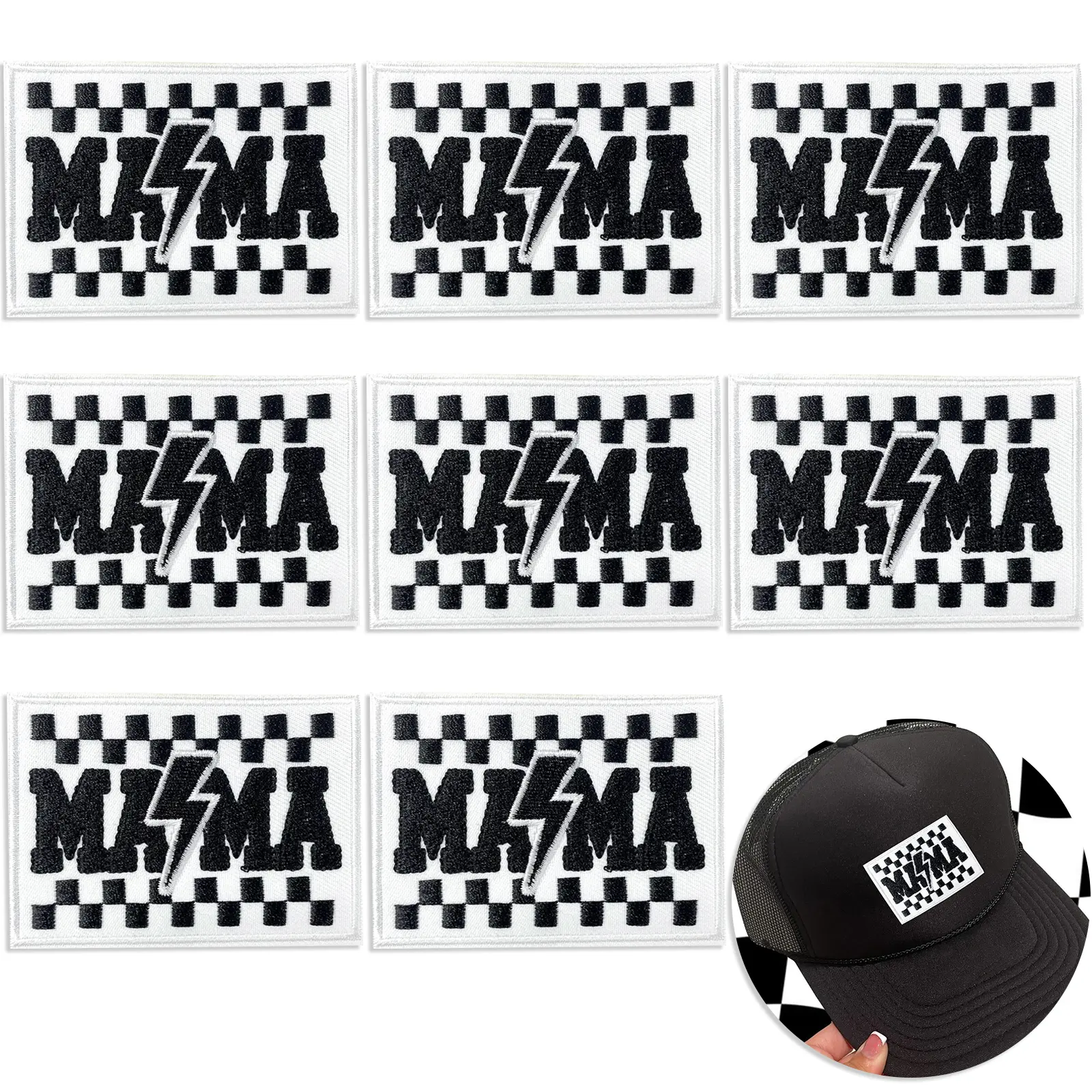 CY 8PCS Iron on Patches MAMA Phrase Embroidered Appliques for Clothing Lightning Black White Styles Funny Patch Repair DIY Accessories