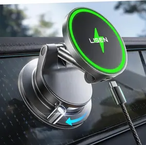 Magnetic Wireless Car Charger Mount 15W Fast Charging Phone Holder with Suction Cup Vacuum Mount for Dashboard Windshield Compatible iPhone Android MagSafe Car Charger Hands Free Driving