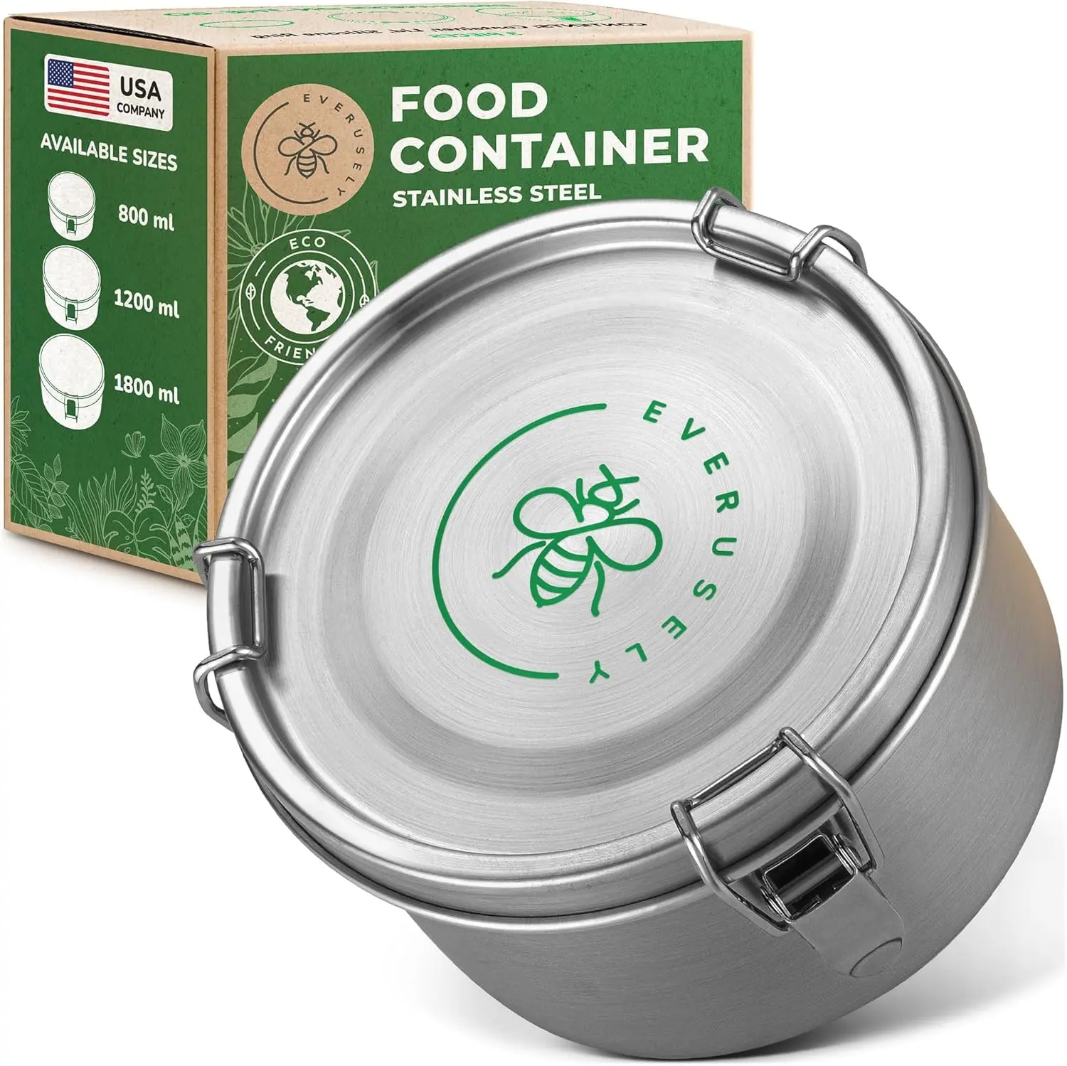EVERUSELY Food-Grade Anti-Rust Steel Food Container, 40 oz (1.2 L) BPA-Free Airtight Leakproof Lid Stackable Storage Containers, Oven-Safe Reusable Kitchen Meal Prep for Pantry & Travel