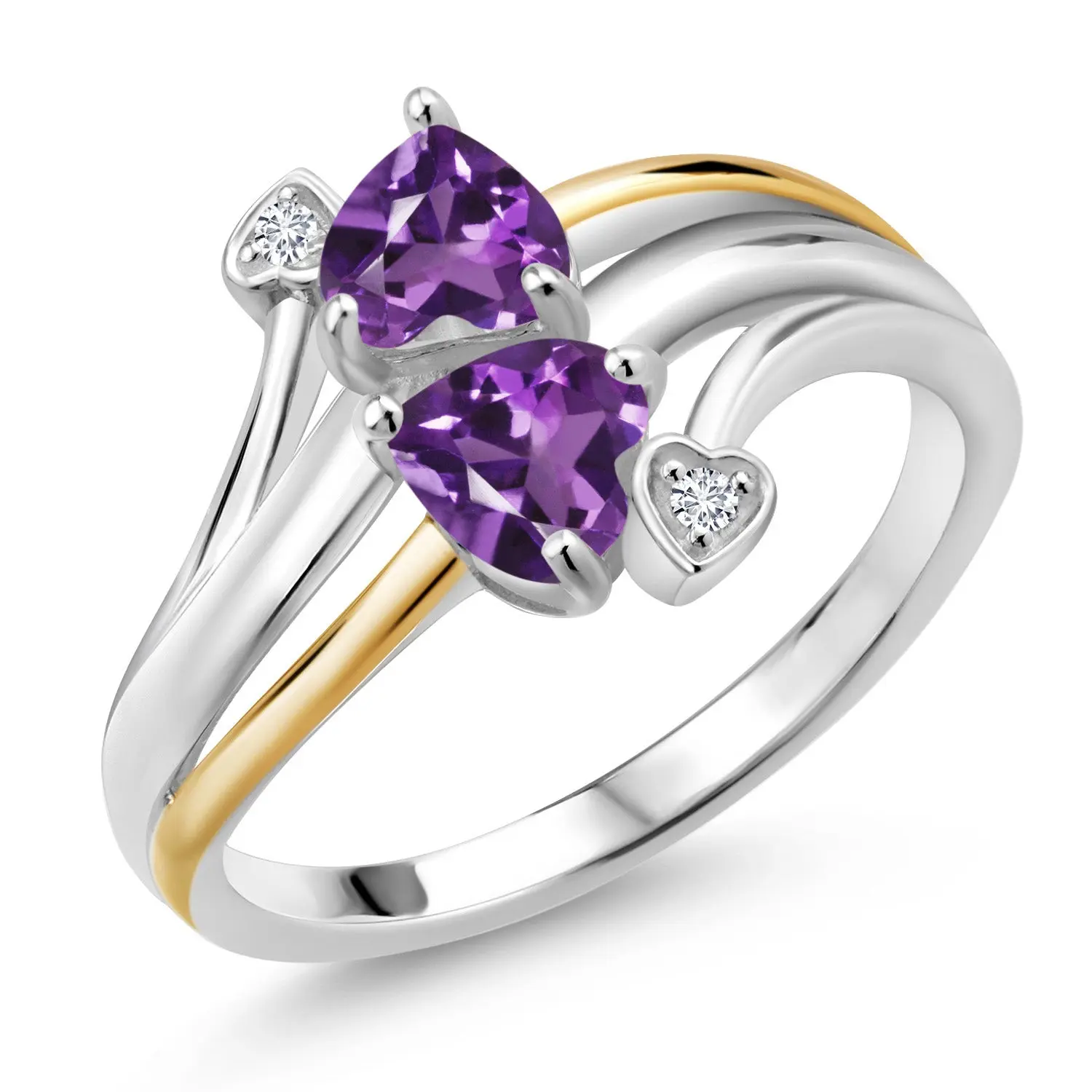 925 Silver and 10K Yellow Gold Purple Amethyst and Lab Grown Diamond 2 Heart Promise Couple Engagement Mother Ring For Women | 0.86 Cttw | Gemstone Birthstone