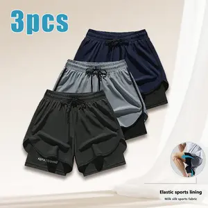 Plus Size Men’s 2-in-1 Running Shorts, Quick-Dry Ice Silk Fitness Training Shorts with Liner, 3-Inch Gym Shorts