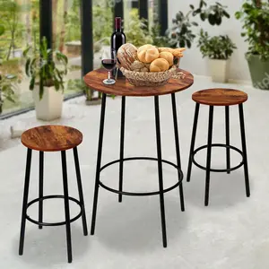 3-Piece Round Pub Dining Set – Rustic Brown Small Kitchen Table with 2 Counter-Height Bar Stools for Breakfast Nook, Apartment, or Living Room
