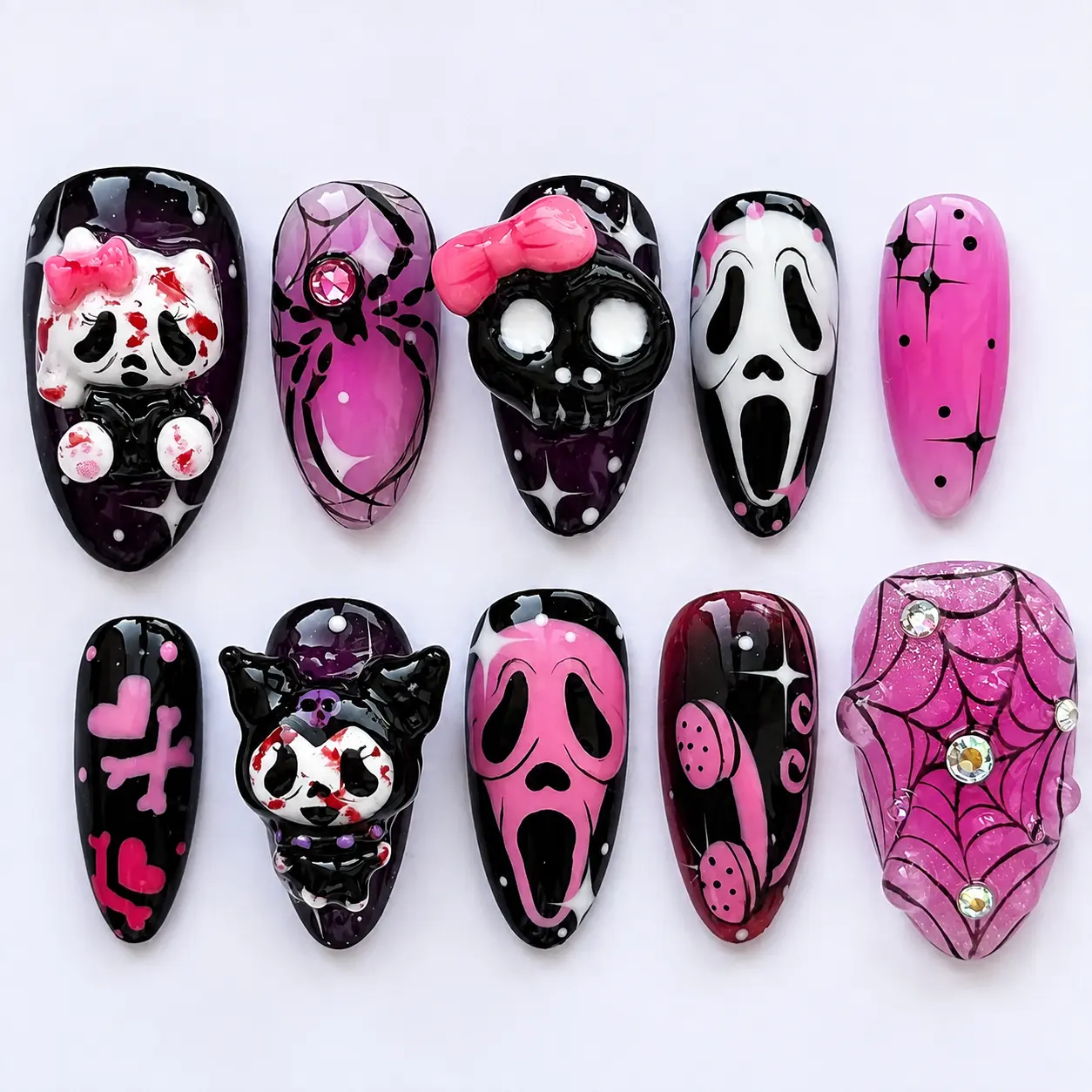 Sanrio Ghostface Press On Nails, Pink Black Gothic Horror Nails, Yhellon Akittyth 3D Skull Charms, Scream Inspired, Kawaii Spooky Nail Set| FREE Adhesive Tabs  Nail File Cuticle Stick