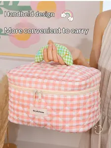 Cute Plaid Quilted Makeup Bag, Large Capacity Macaron Pattern Travel Cosmetic Organizer, Embroidered Handle, Portable Style, Gift Box