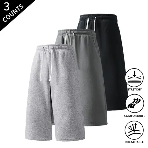 Men's 3-Pack Baggy 7/8 Length Drawstring Elastic Waist Casual Sports Shorts, Polyester Bottoms for Summer Everyday Wear