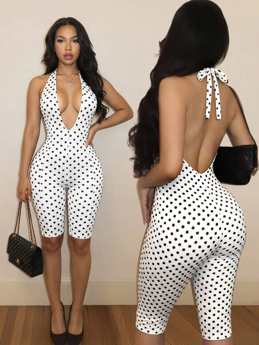 Women's Polka Dot Print V Halter Neck Tie Strap Romper Club Night White With Black Polka Dots Summer