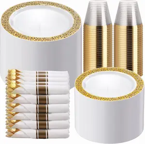 WELLIFE 50 Guests Dinnerware Sets, Gold Plastic Plates，Platos Para Fiestas Elegantes Desechables Include:50 Dinner Plates, 50 Dessert Plate, 150 Pcs Gold Plastic Silverware, 50 Cups for Party
