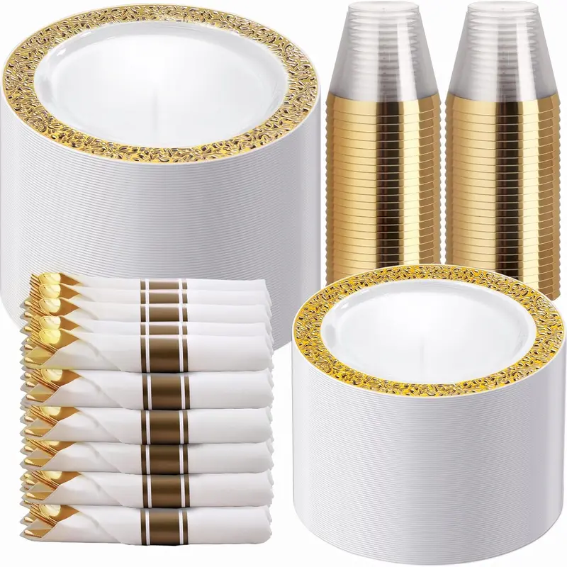 WELLIFE BPA-Free Plastic Round Hollow Edge Disposable Gold Dinnerware Set (50+ Pieces) - Cups, Forks, Knives, Spoons, Napkins, Dinner & Dessert Plates for Birthday, Dinner Parties